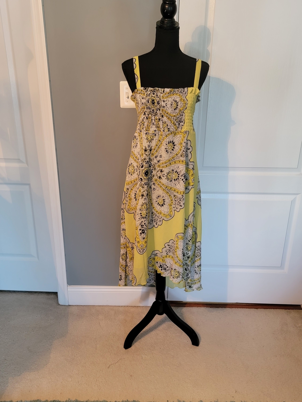 Yellow Paisley Smocked Midi Dress with Straps